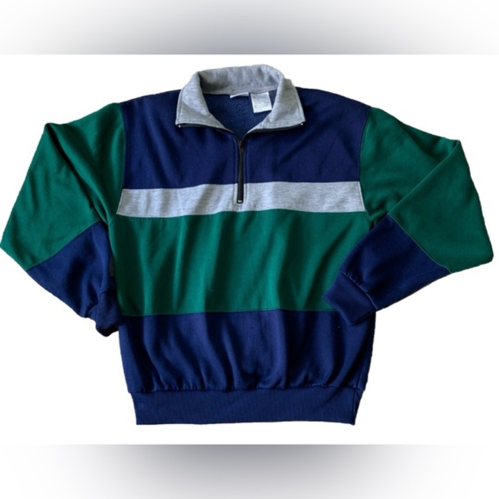 Vintage Puritan Half-Zip Green,Blue and Grey Sweater (Medium)